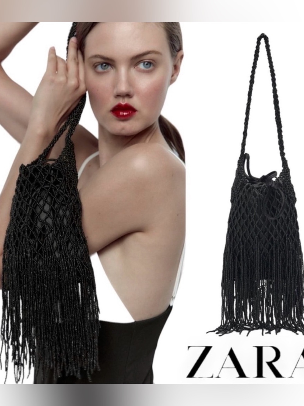 ZARA Black Beaded Macramé Fringe Shoulder Bag